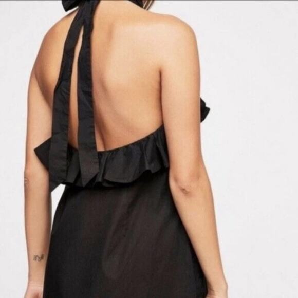 Free People Not So Sweet Mini Dress Halter Apron Ruffle Trim Low Back Black XS - Picture 3 of 9